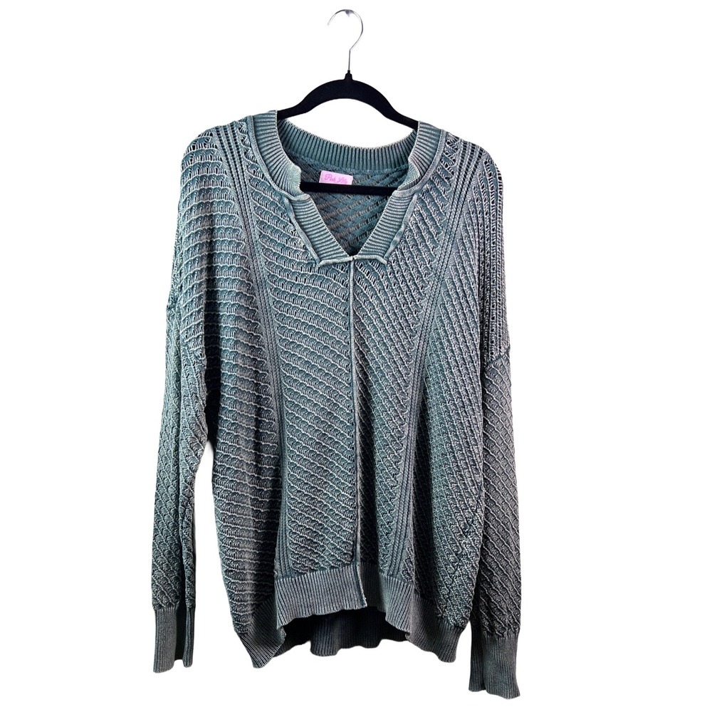 Pink Lily Cable Knit Split Neck Sweater Women's Small Boho Coastal Grandmother